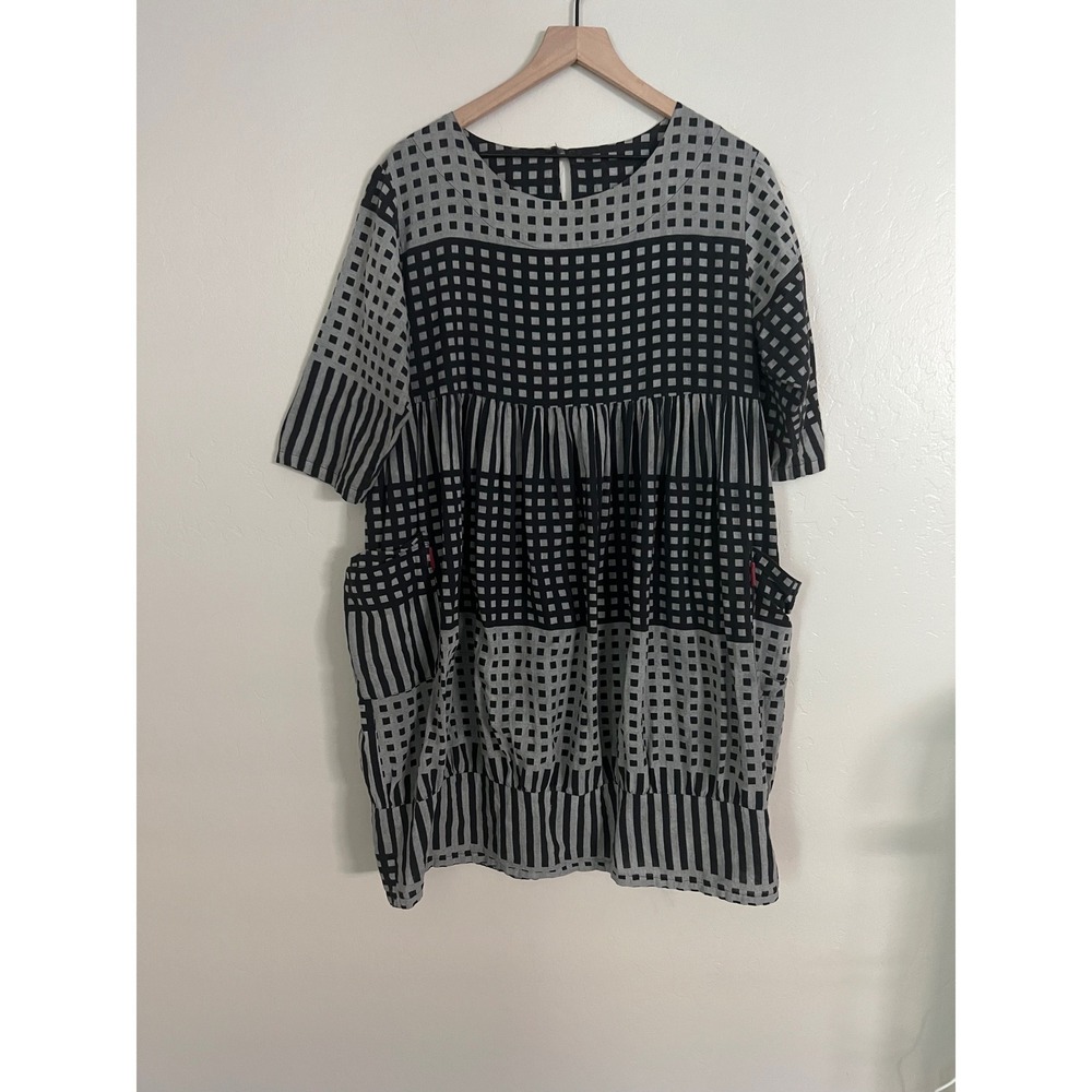 Mao Mam Black Grey Geometric Grid Stripe Cotton Lagenlook Tunic Dress M/L